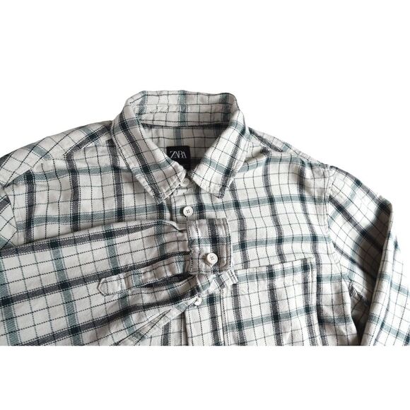 Zara Men's XL Relaxed Fit Ivory Tan Plaid Heavy Long Sleeve Button Up Shirt - Picture 6 of 9